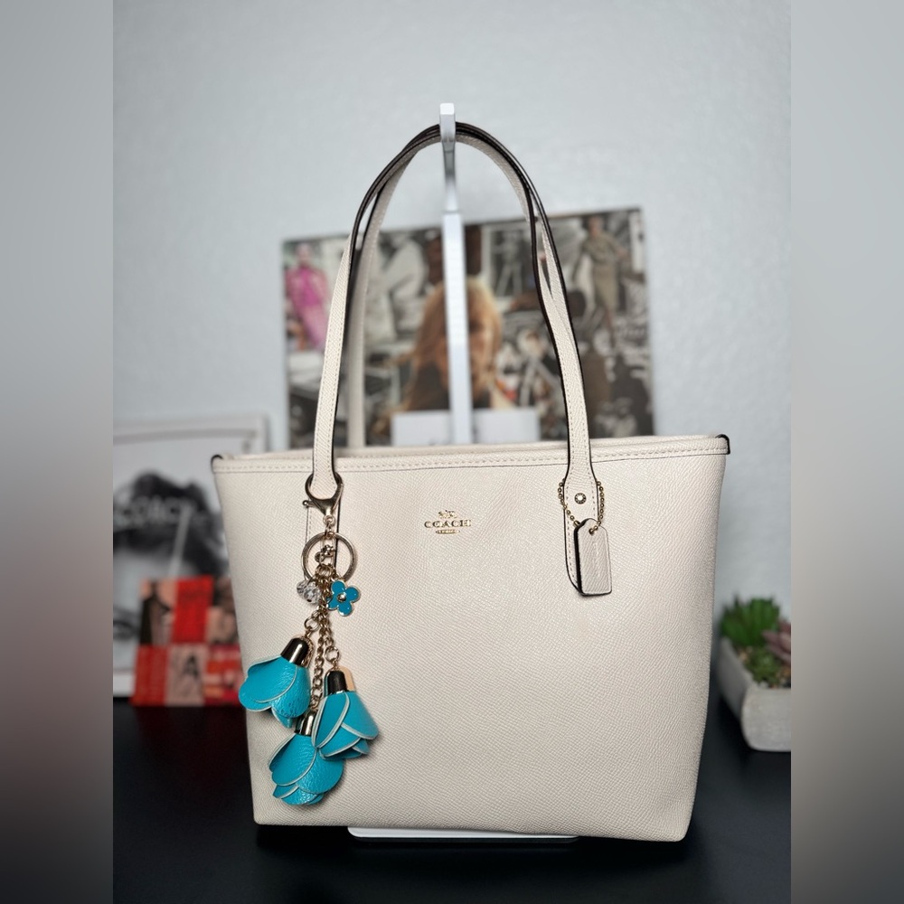 Coach Cream Tote with Teal Accents